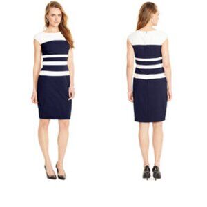 Ralph Lauren Navy White Stripe Knee-Length Sleeveless Classic Sheath Dress Sz 10